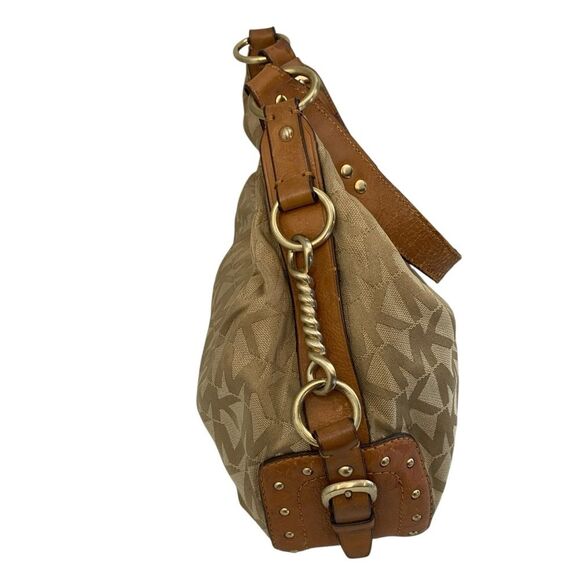 Michael Kors Canvas Hobo Shoulder Bag Tan MK Logo Gold Hardware Leather Trim - Picture 7 of 12